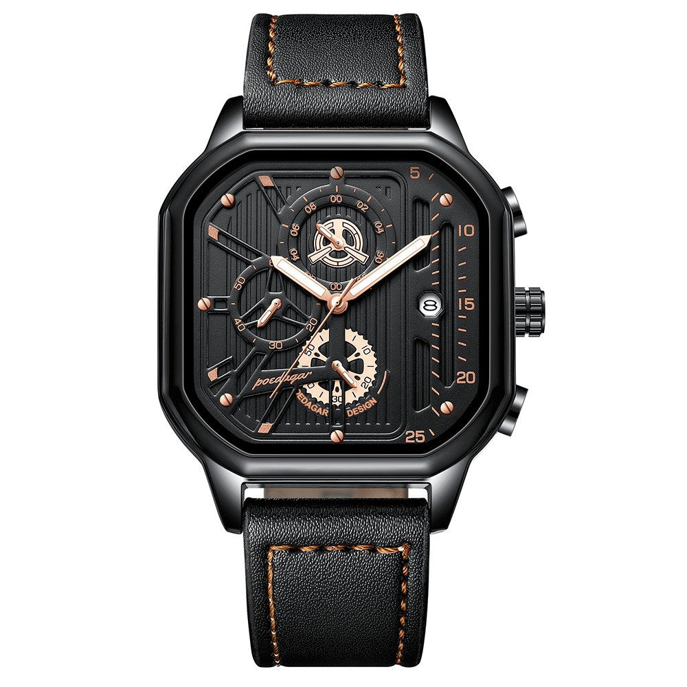 Reloj Poedagar Cuadrado Negro con Correa de Cuero