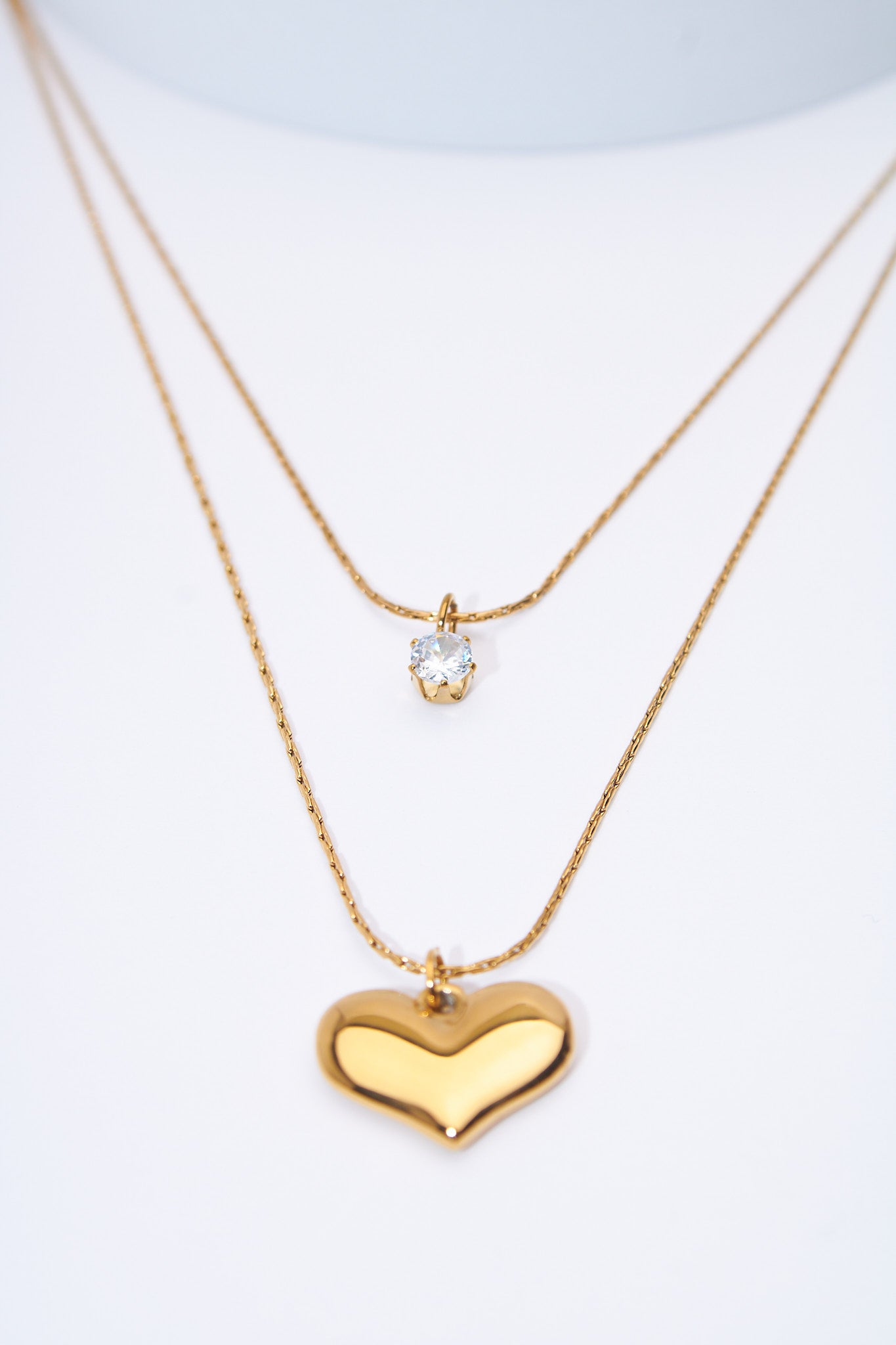 Set collares doble capa corazón + solitario brillante — baño dorado