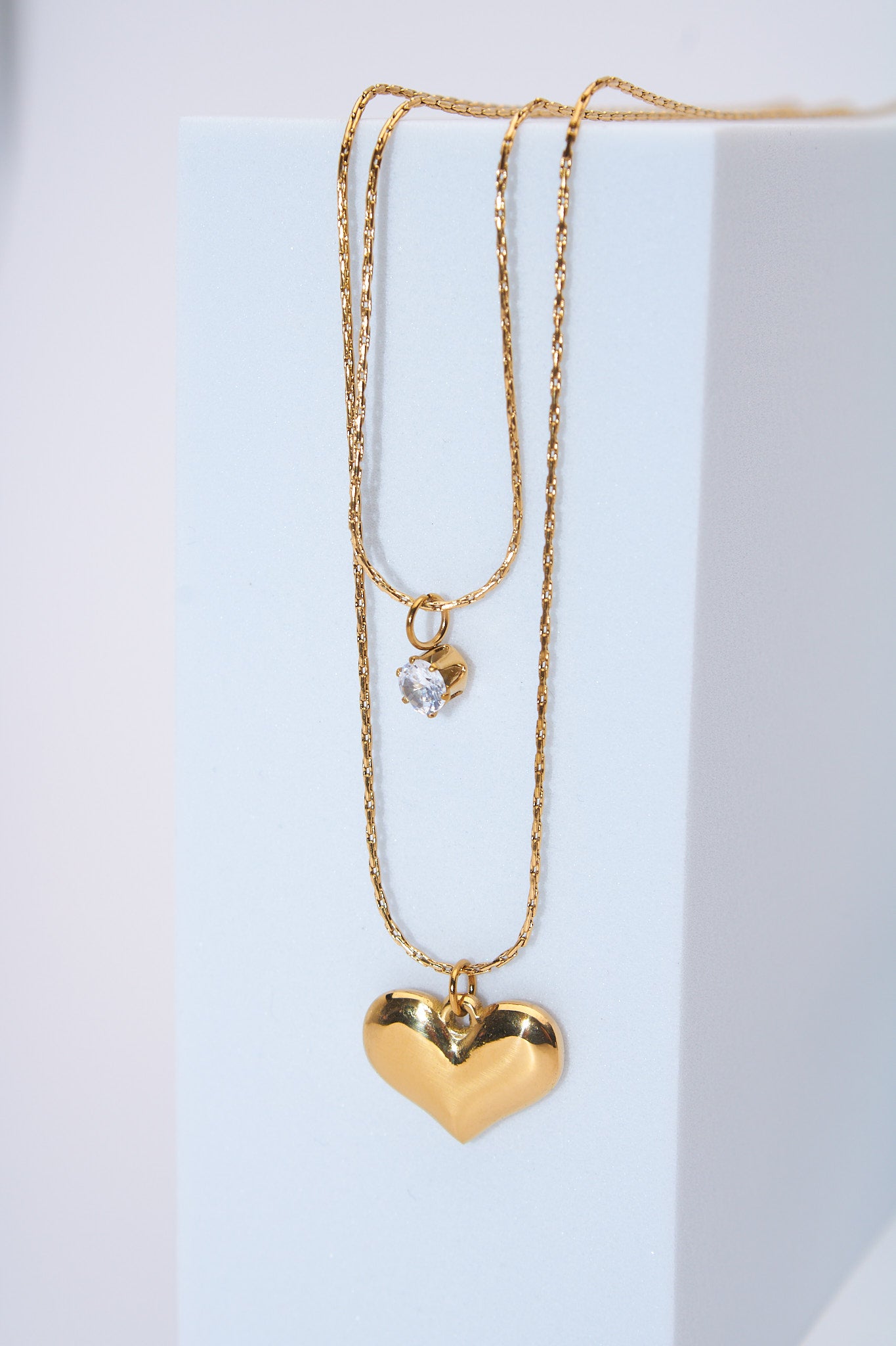 Set collares doble capa corazón + solitario brillante — baño dorado
