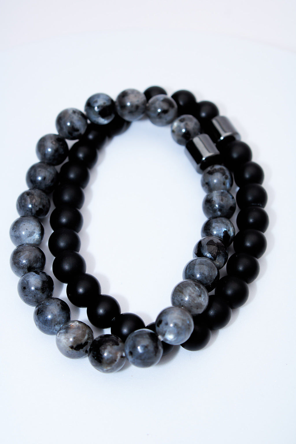 Set pulseras elasticas lava negra y piedra gris jaspeada