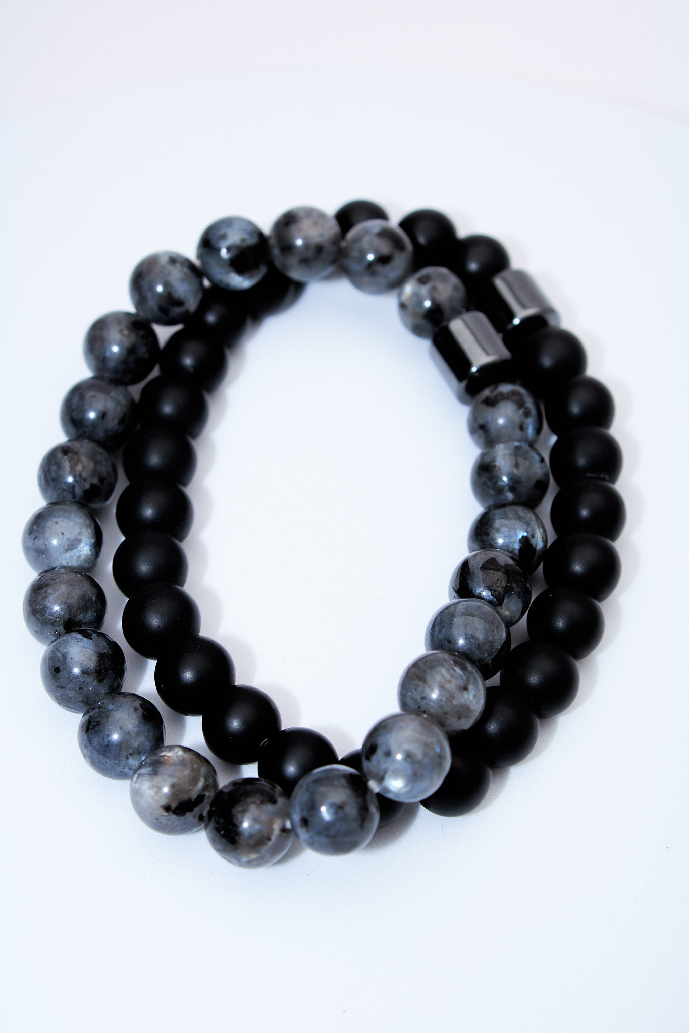 Set pulseras elasticas lava negra y piedra gris jaspeada