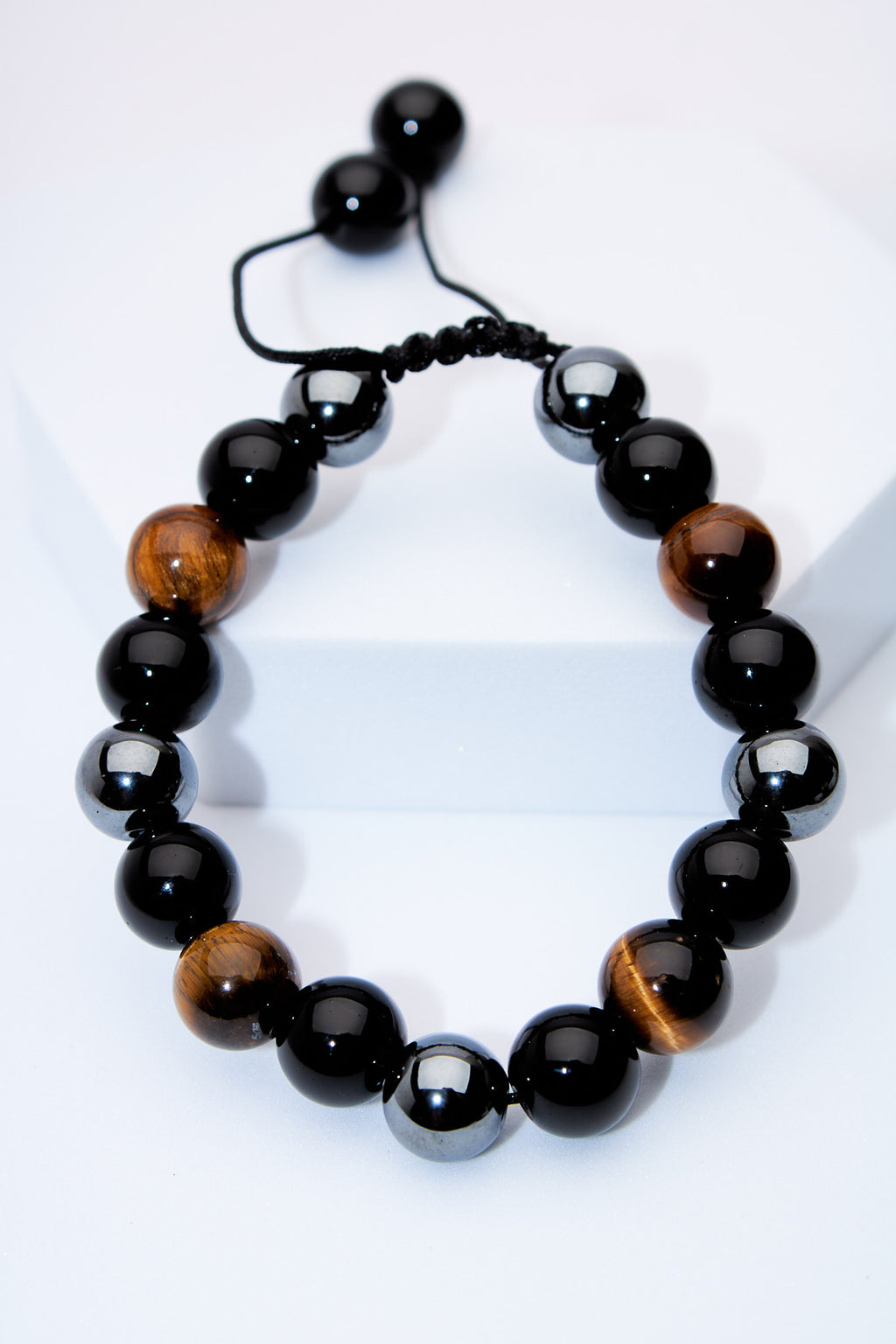 Pulsera ajustable ojo de tigre, ónix y hematita
