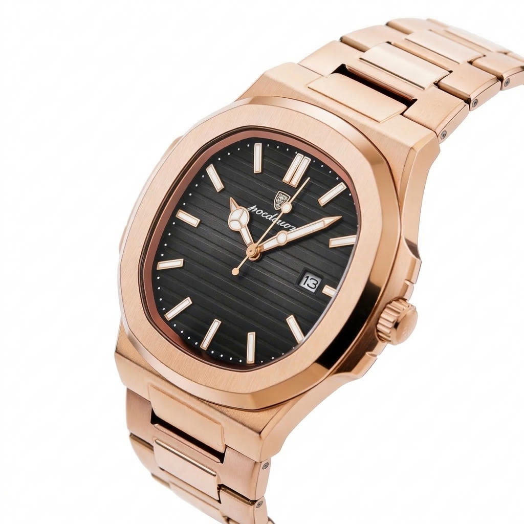 Reloj Poedagar Acero Oro Rosa Esfera Negra