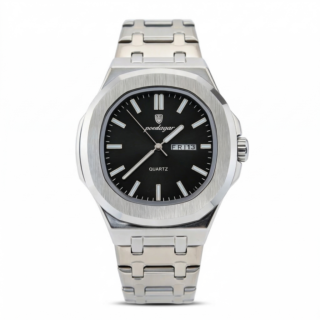 Reloj Poedagar Cuarzo Acero Esfera Negra