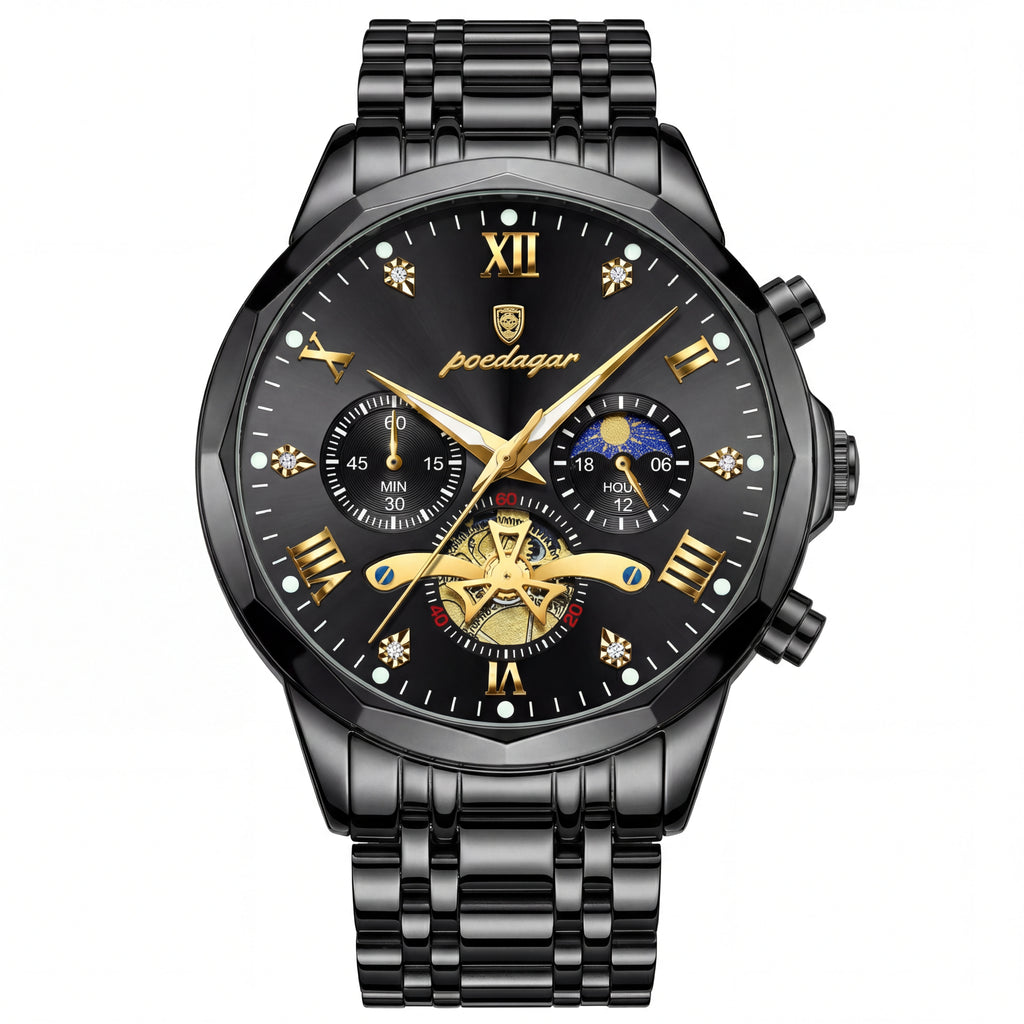 Reloj Poedagar Multifunción Negro y Dorado