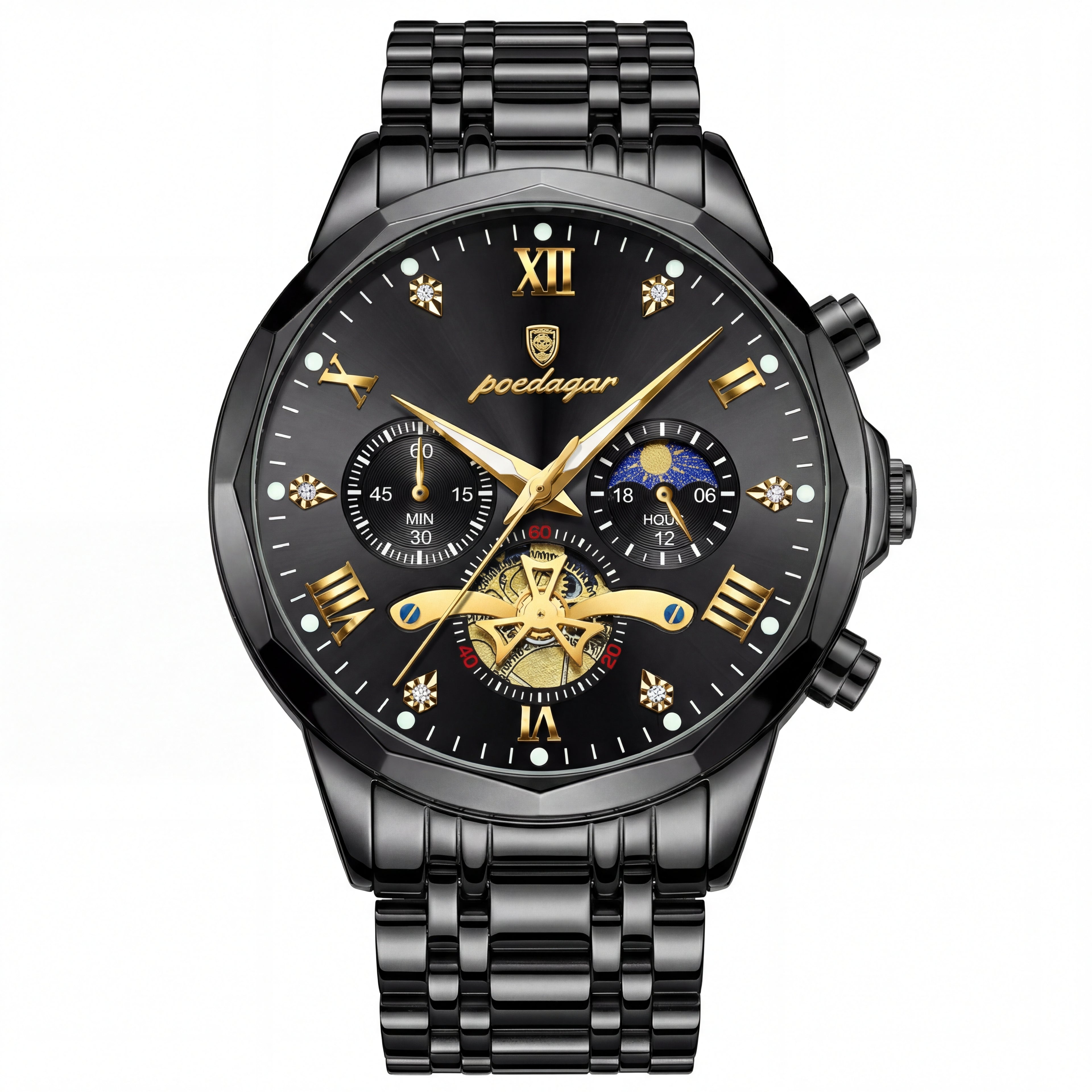 Reloj Poedagar Multifunción Negro y Dorado
