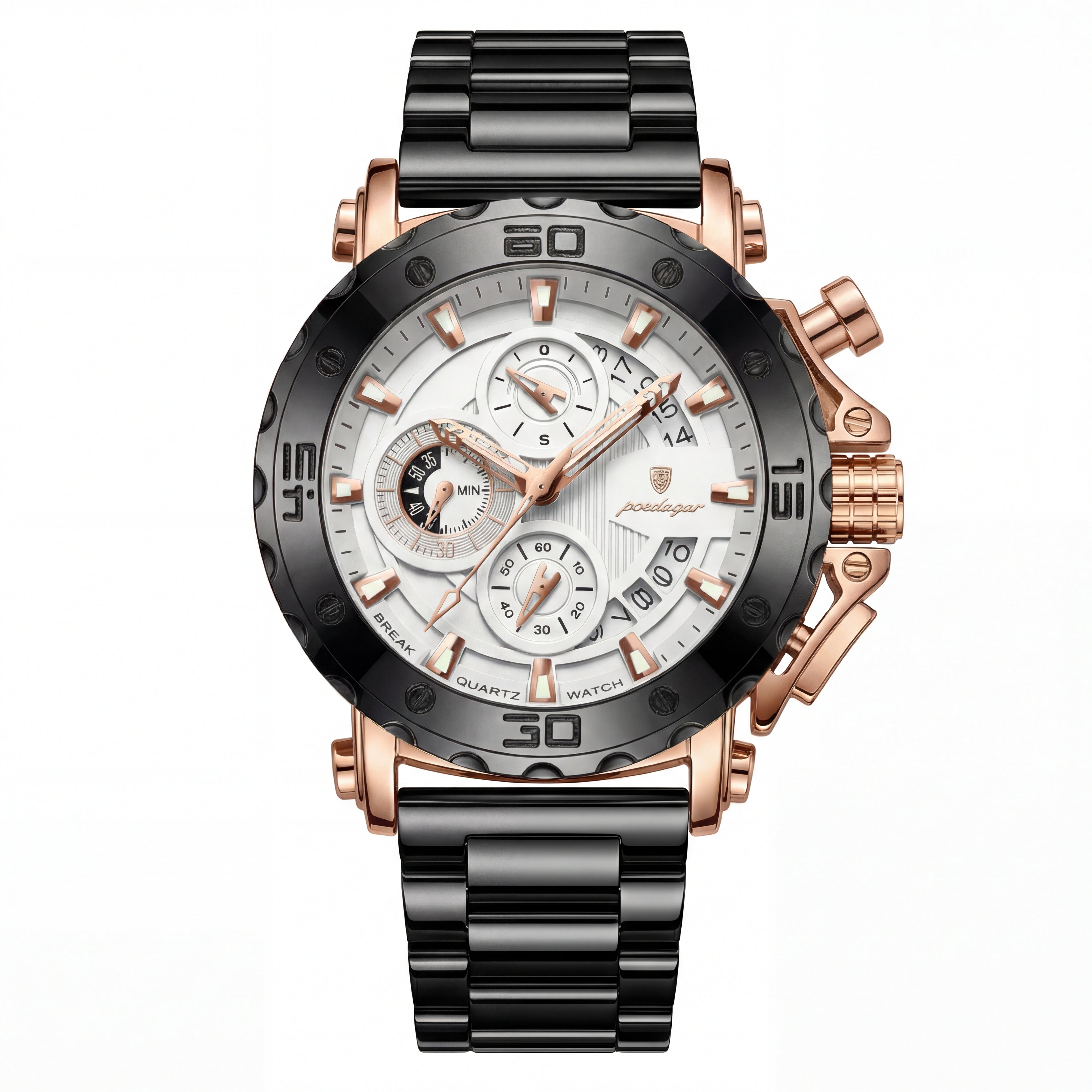 Reloj Poedagar Cronógrafo Deportivo Negro y Oro Rosa