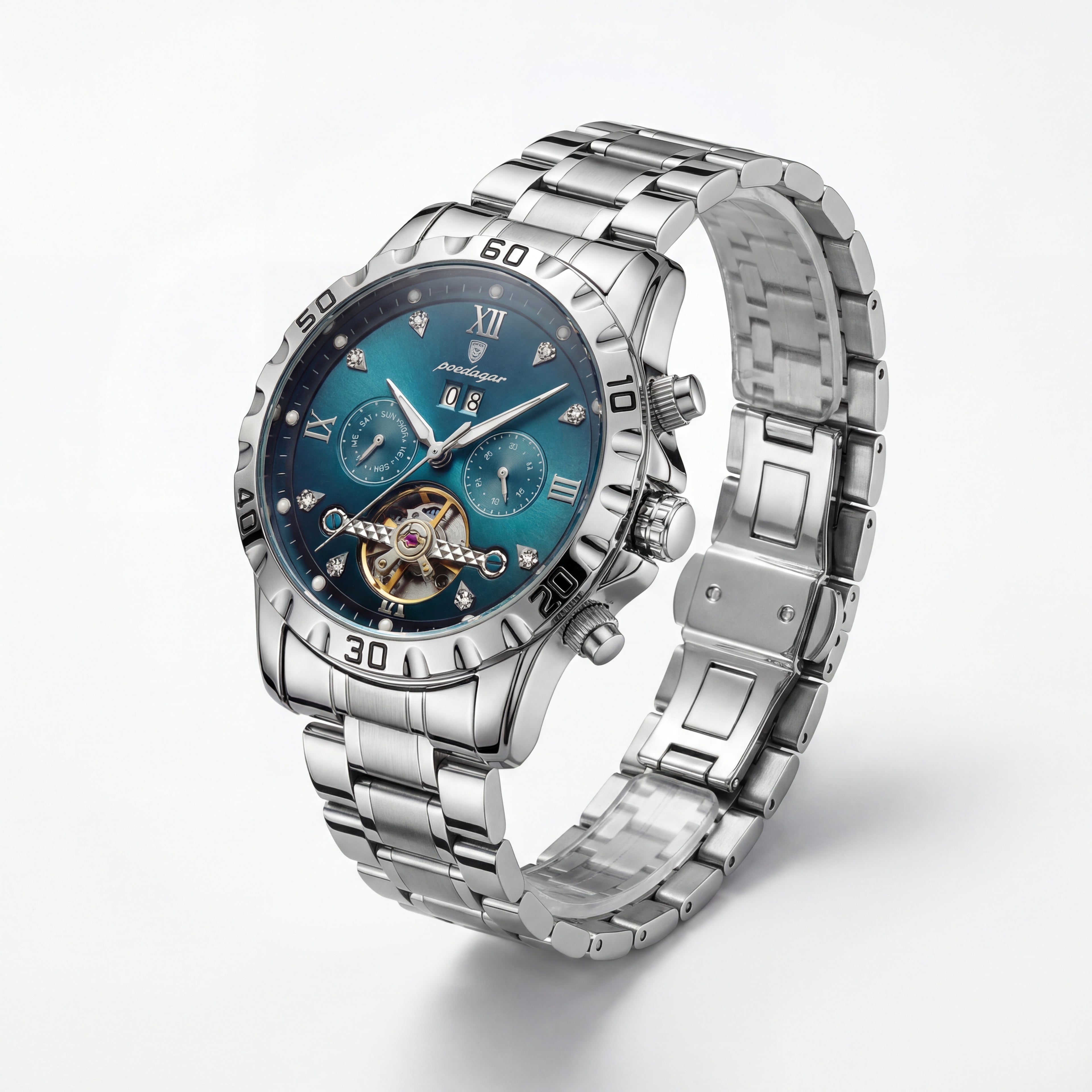 Reloj Poedagar Deportivo Plateado Esfera Azul