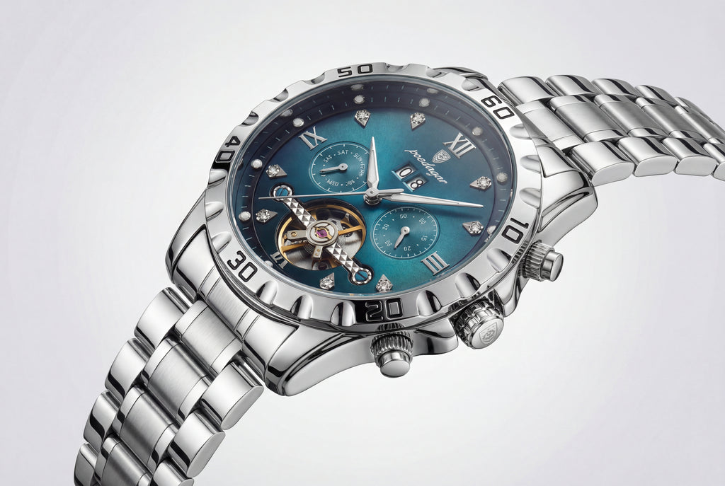 Reloj Poedagar Deportivo Plateado Esfera Azul