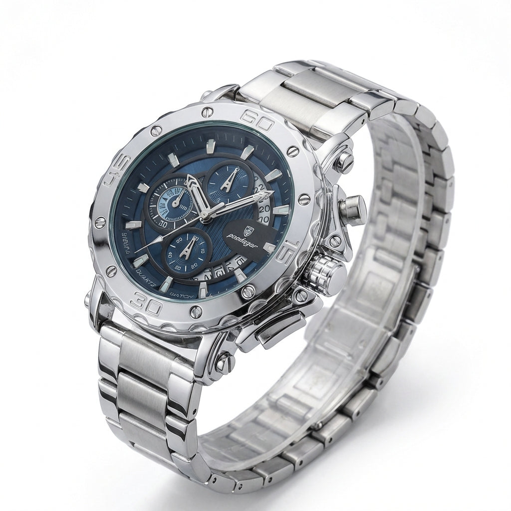 Reloj Poedagar Cronógrafo Deportivo Acero y Azul