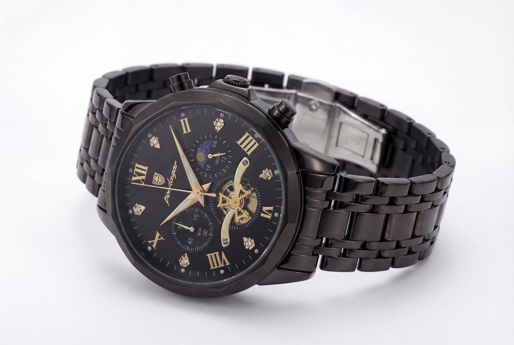 Reloj Poedagar Multifunción Negro y Dorado