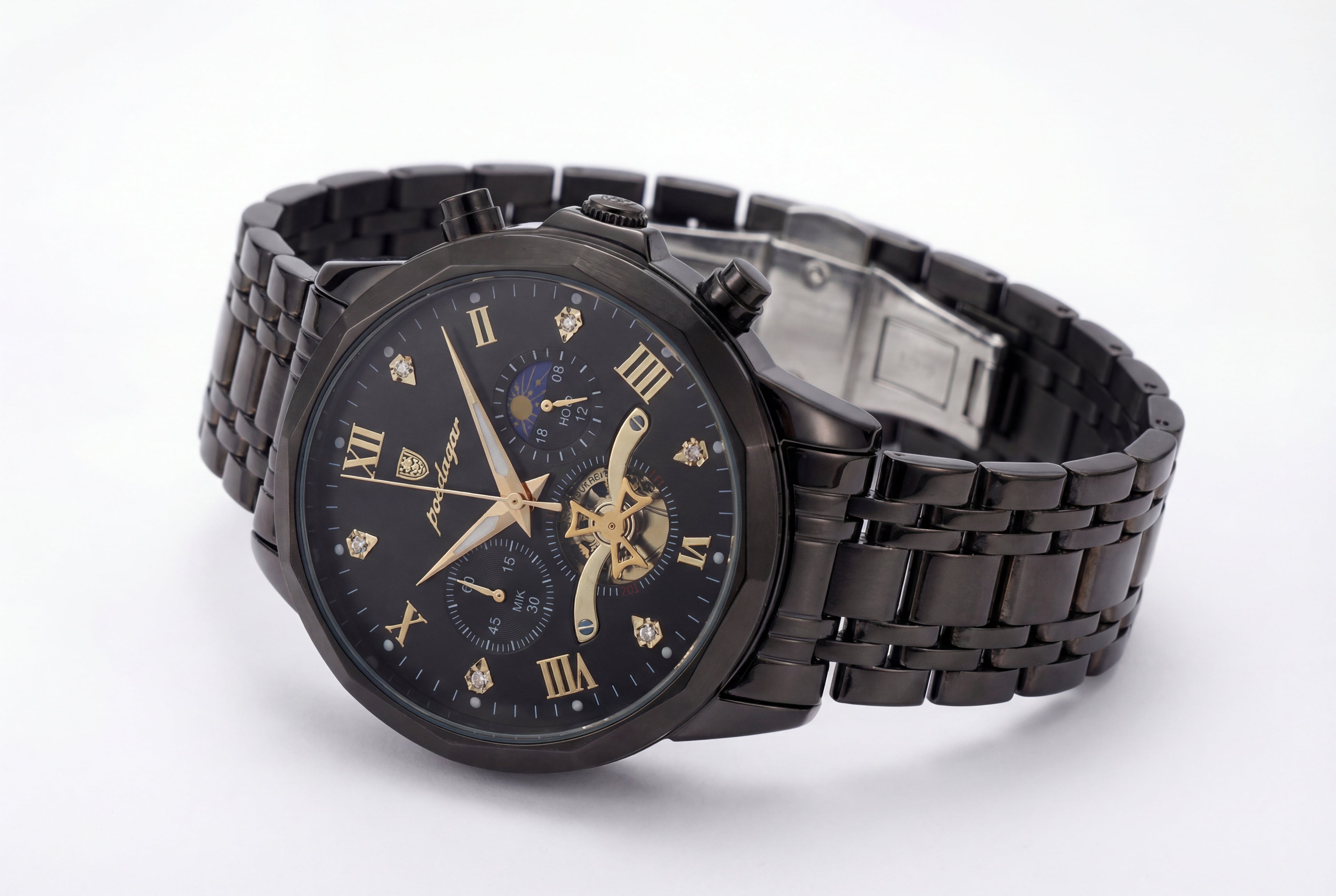Reloj Poedagar Multifunción Negro y Dorado