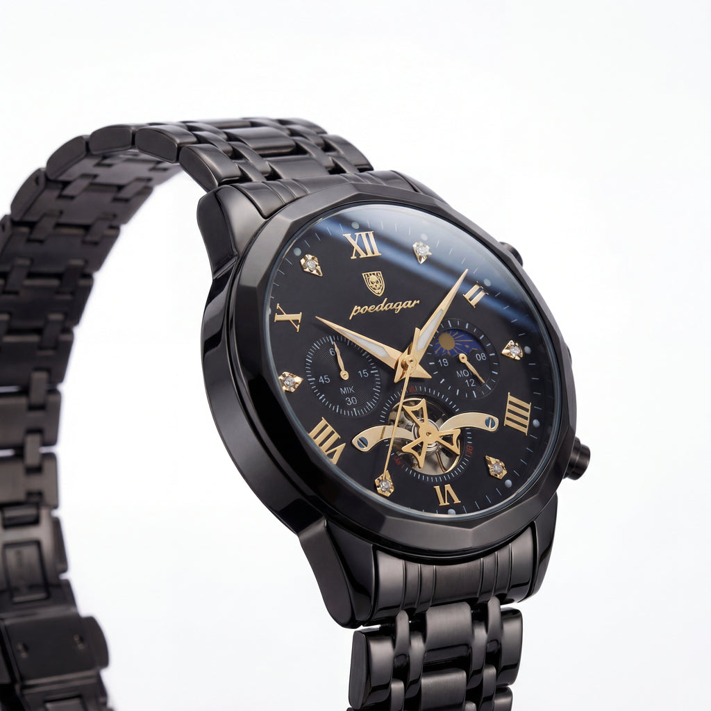 Reloj Poedagar Multifunción Negro y Dorado