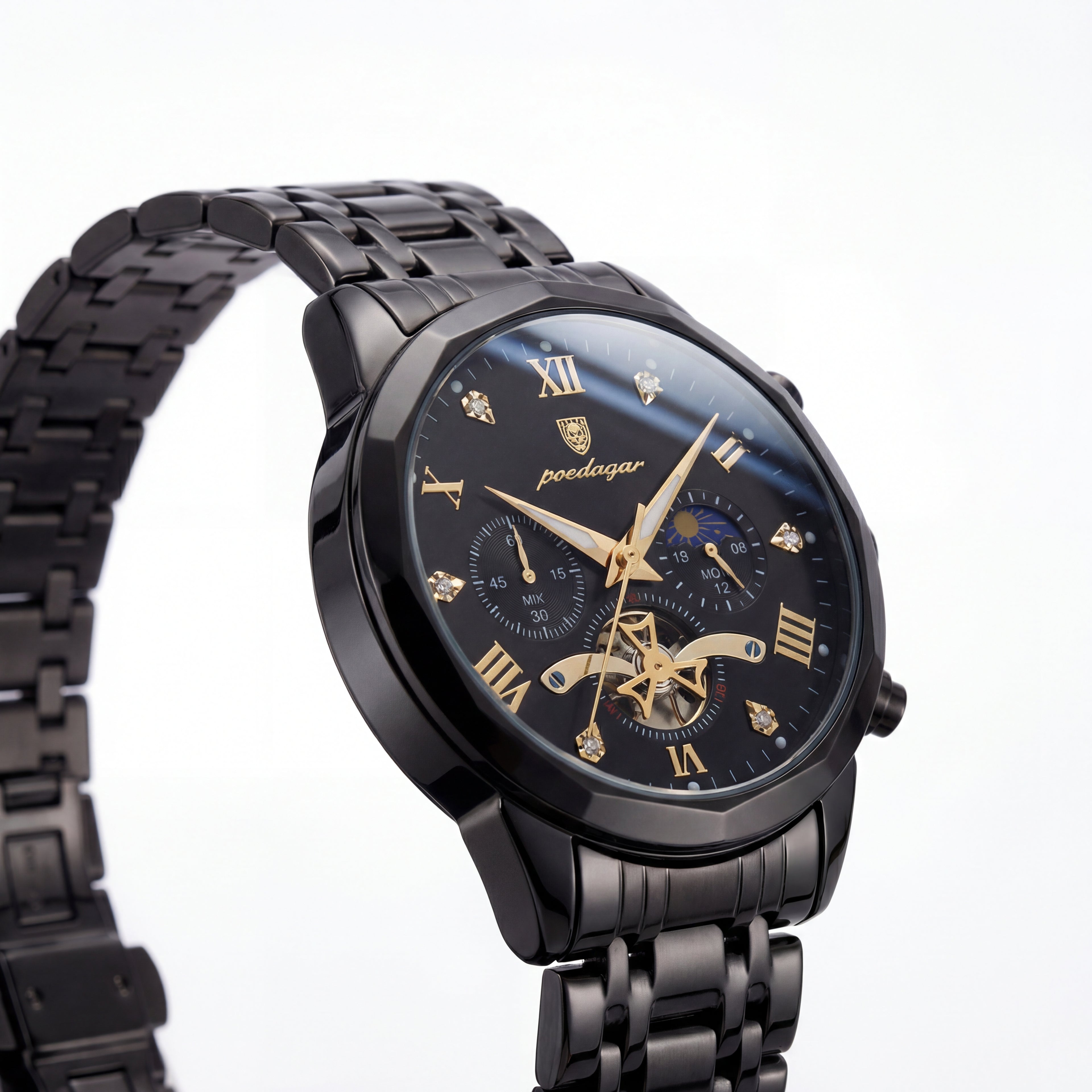Reloj Poedagar Multifunción Negro y Dorado