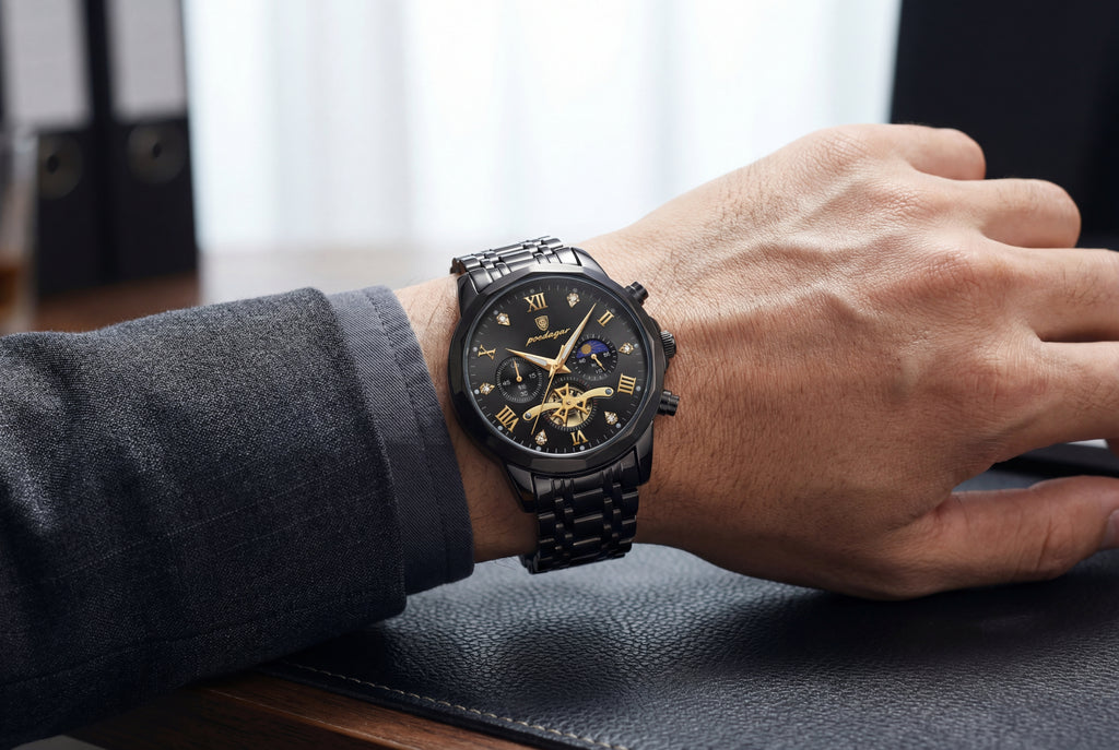 Reloj Poedagar Multifunción Negro y Dorado