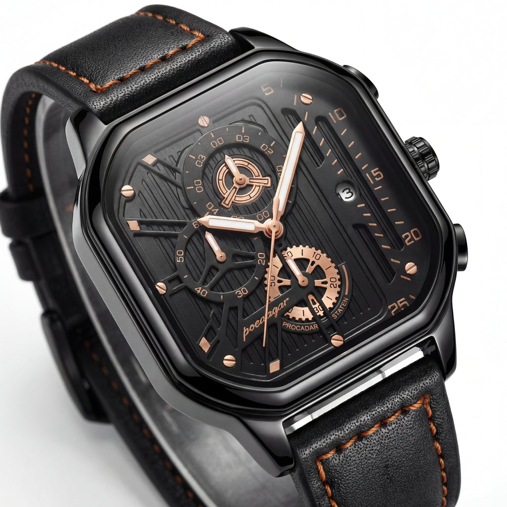 Reloj Poedagar Cuadrado Negro con Correa de Cuero