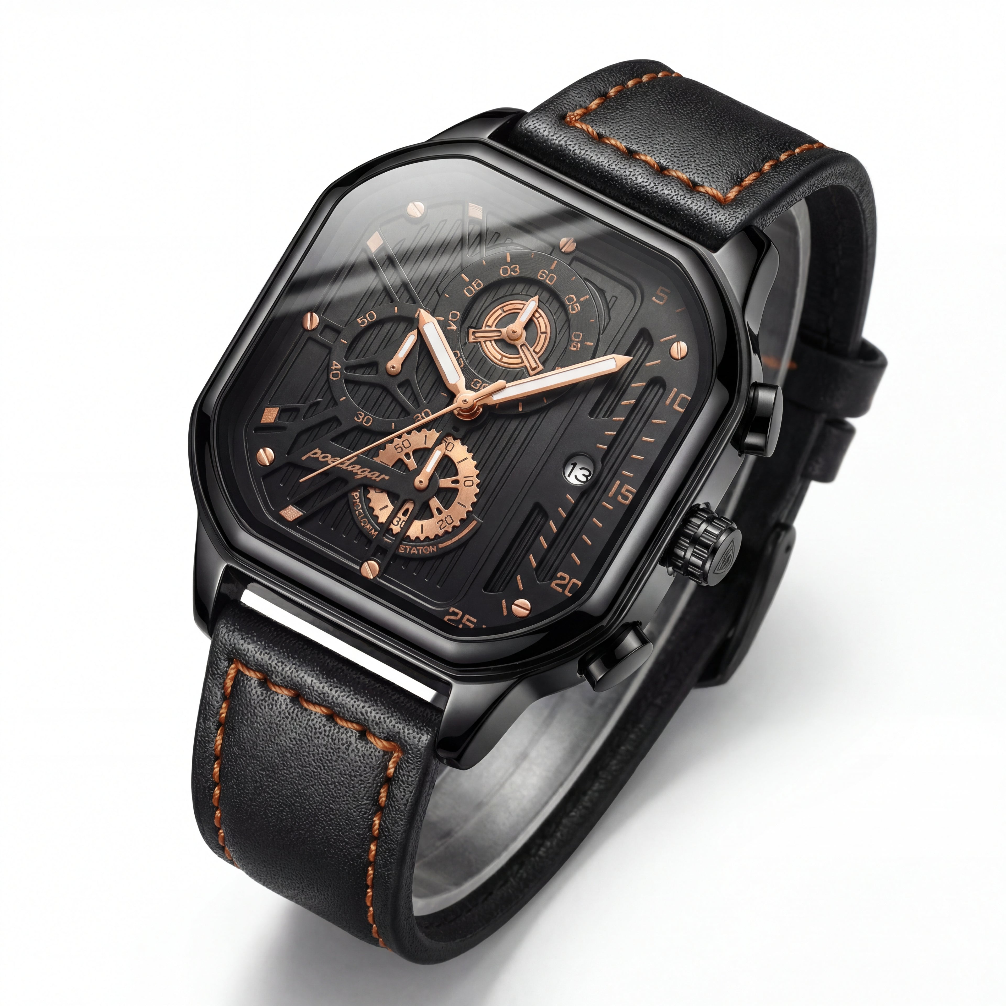 Reloj Poedagar Cuadrado Negro con Correa de Cuero