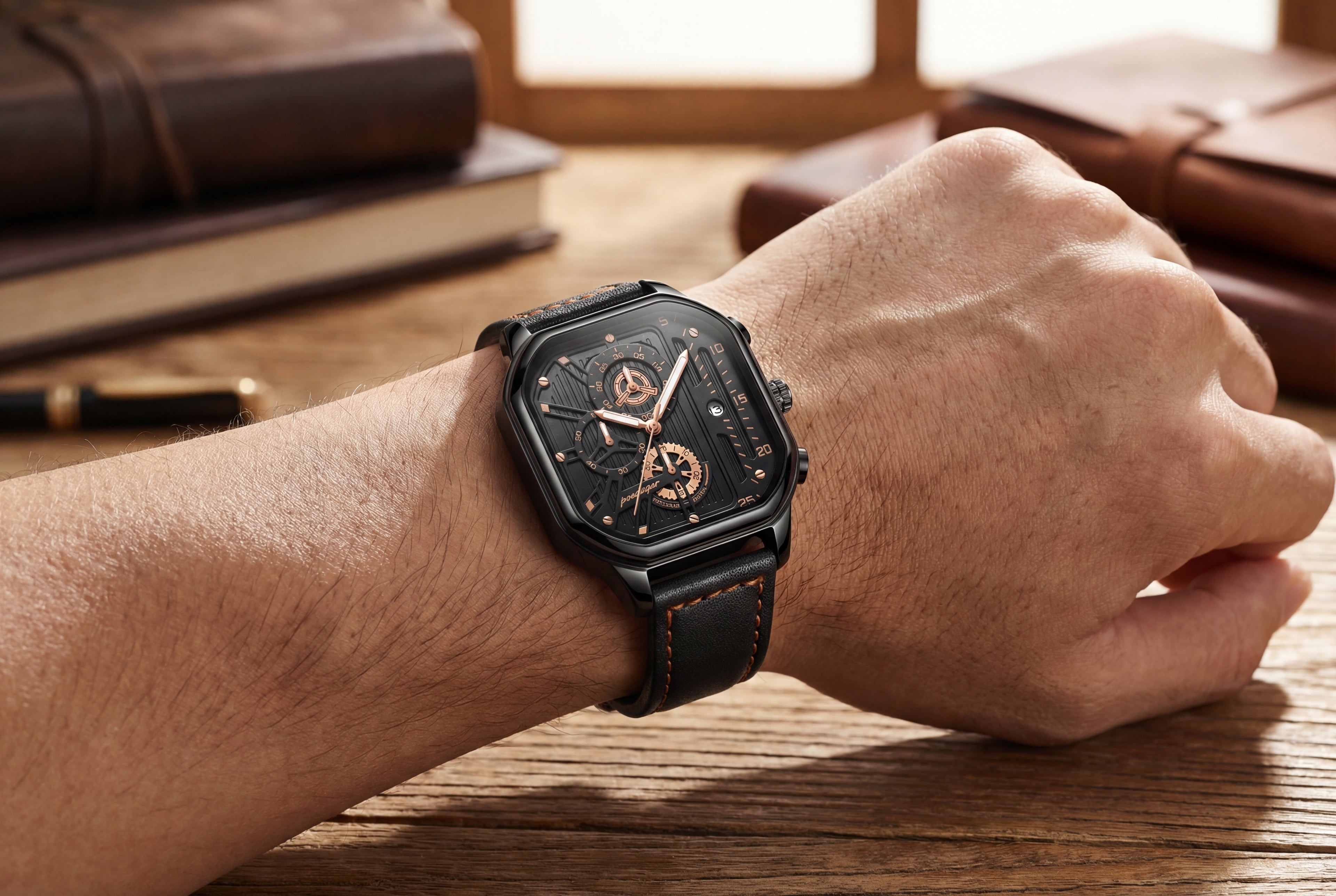 Reloj Poedagar Cuadrado Negro con Correa de Cuero