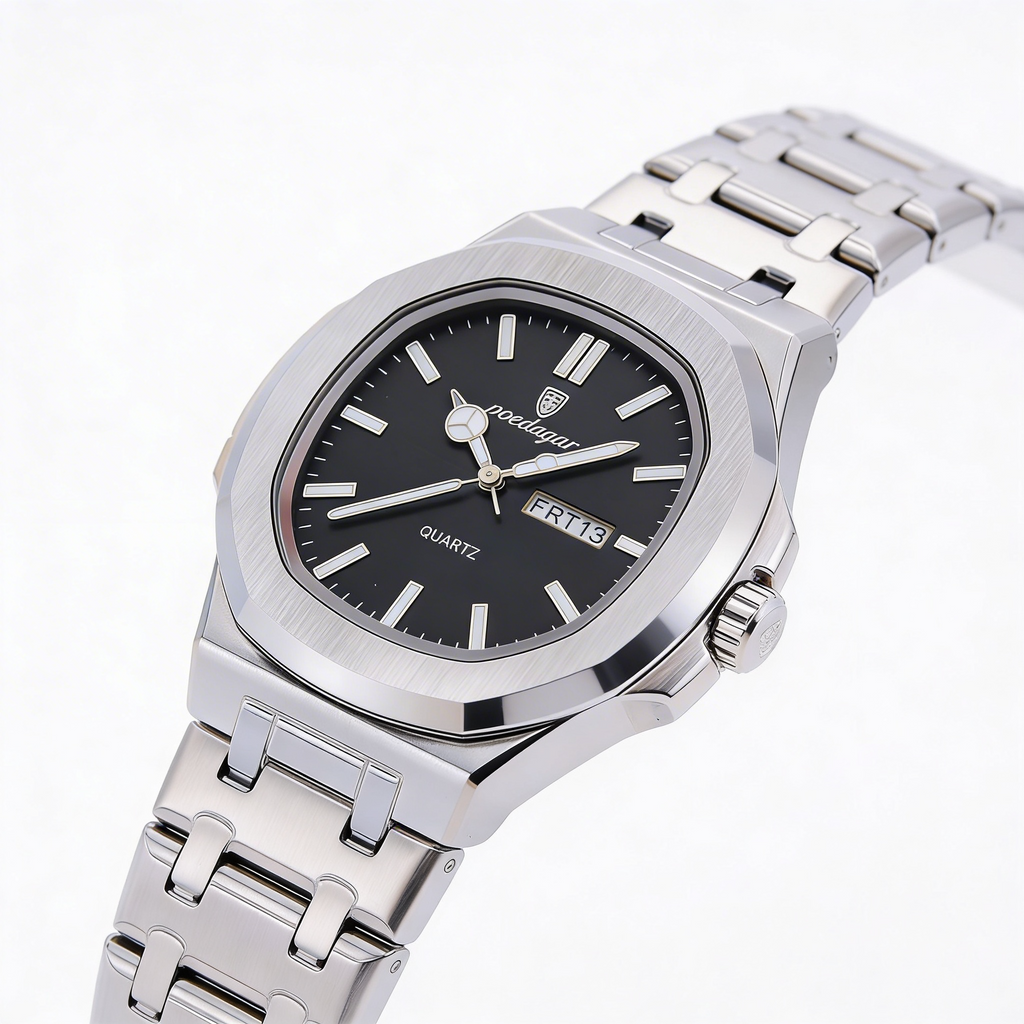 Reloj Poedagar Cuarzo Acero Esfera Negra