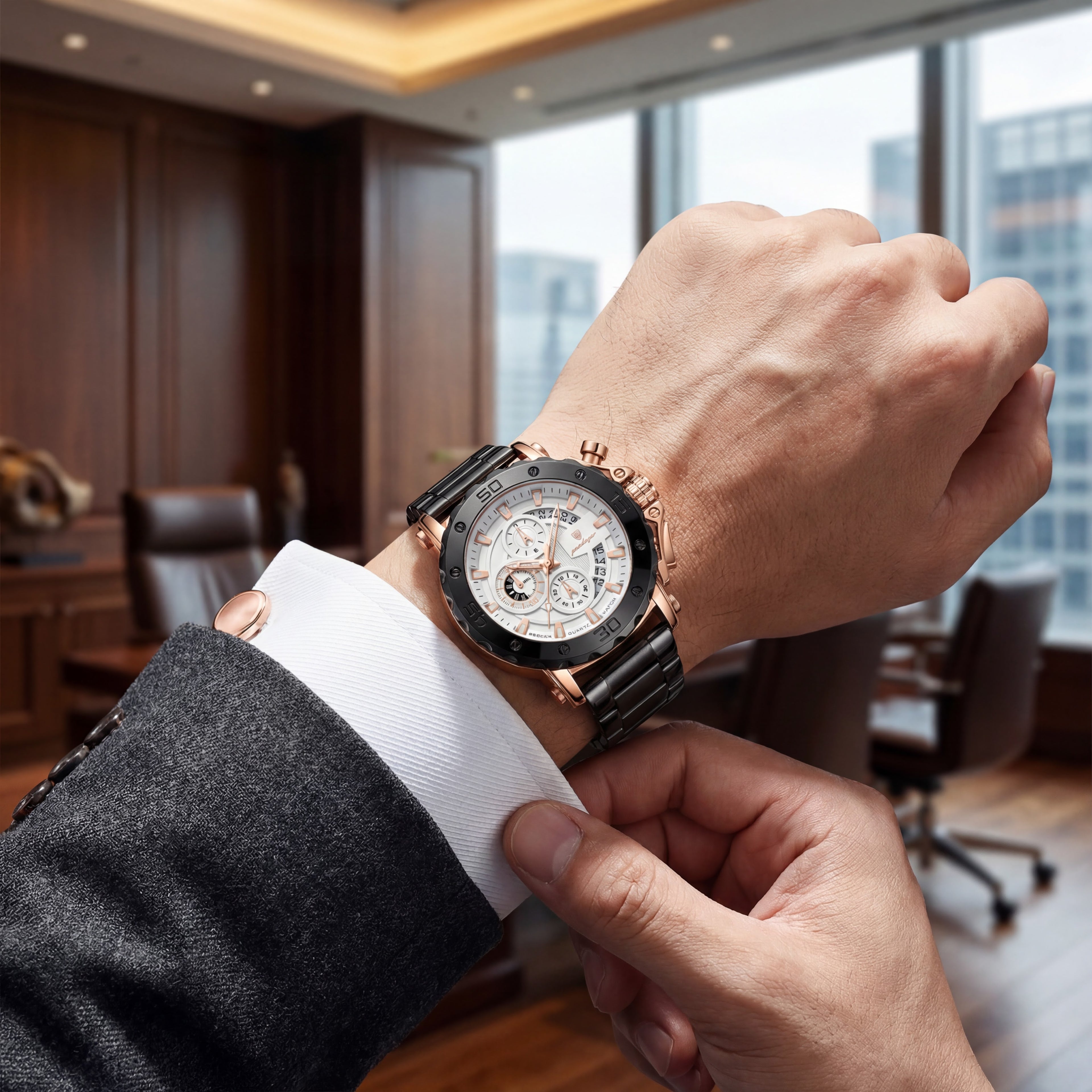 Reloj Poedagar Cronógrafo Deportivo Negro y Oro Rosa