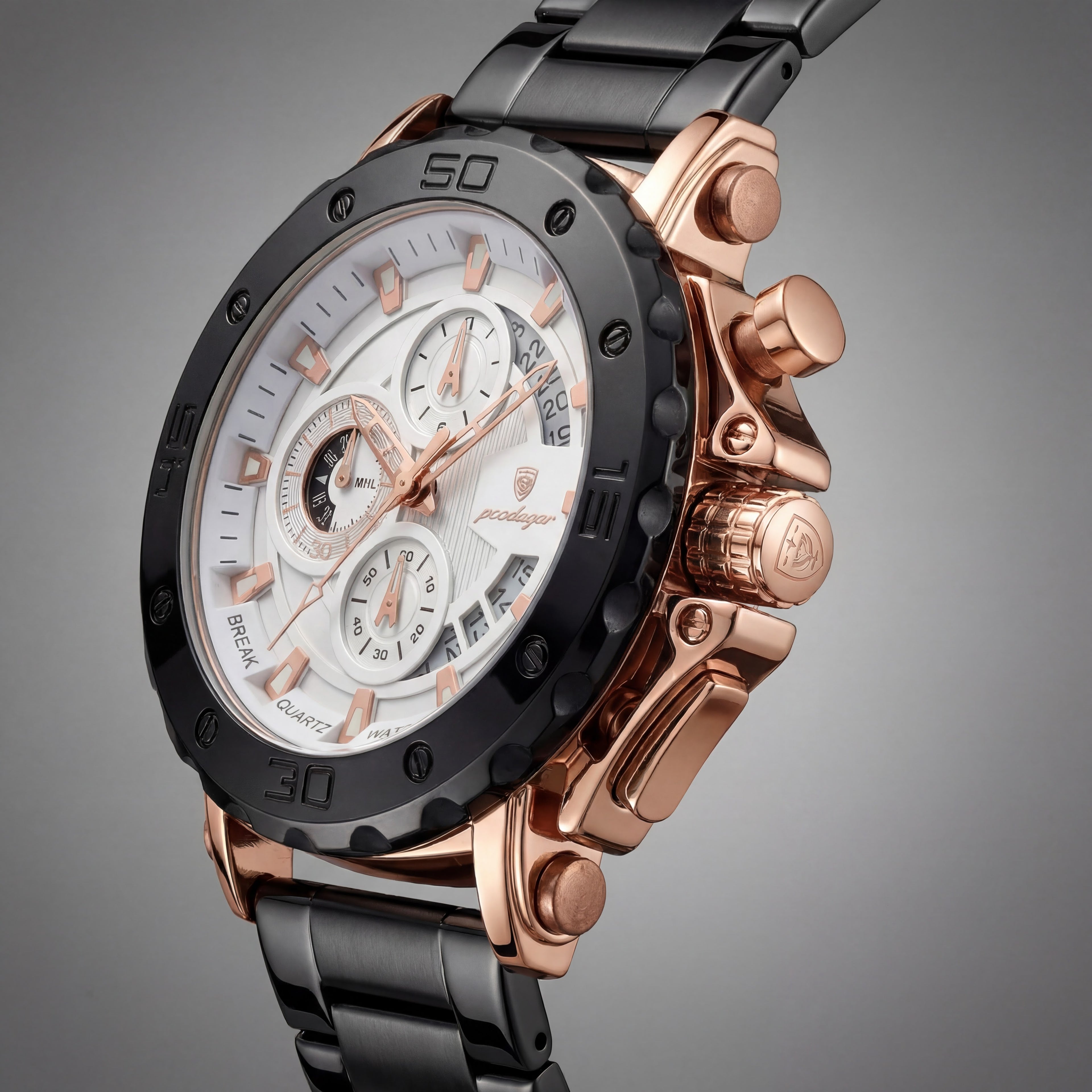 Reloj Poedagar Cronógrafo Deportivo Negro y Oro Rosa