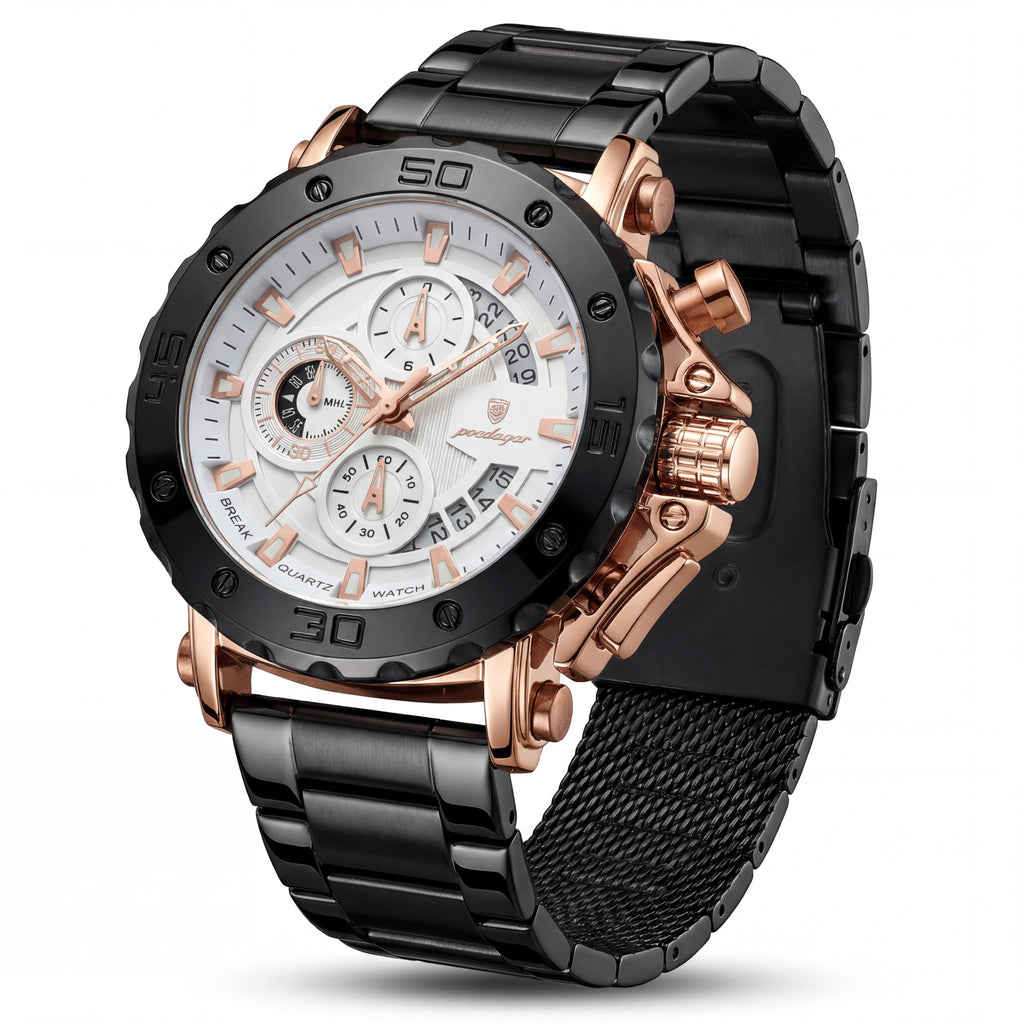 Reloj Poedagar Cronógrafo Deportivo Negro y Oro Rosa