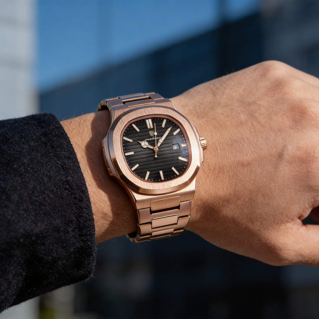 Reloj Poedagar Acero Oro Rosa Esfera Negra