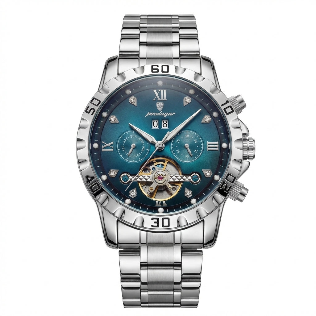 Reloj Poedagar Deportivo Plateado Esfera Azul